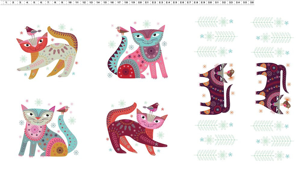 Stitch Cats Panel in White by Clothworks