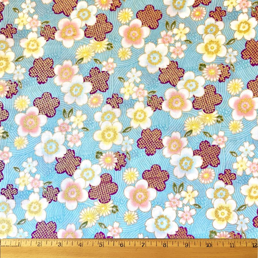 Sevenberry Japan Sakura Brook Blue Blossoms Metallic – studiofabricshop