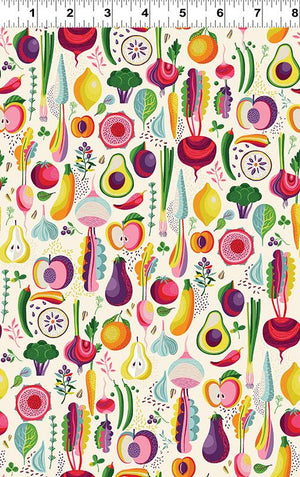 Designed by Helen Dardik for Clothworks, this gorgeous fruit-and-veggie print is from the Floribunda collection. 